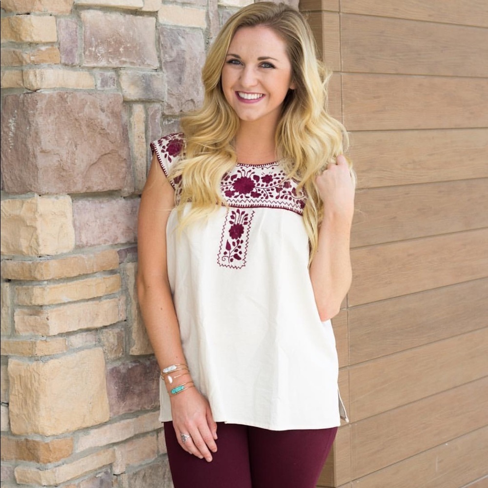 Maroon and White Nativia Puebla Blouse